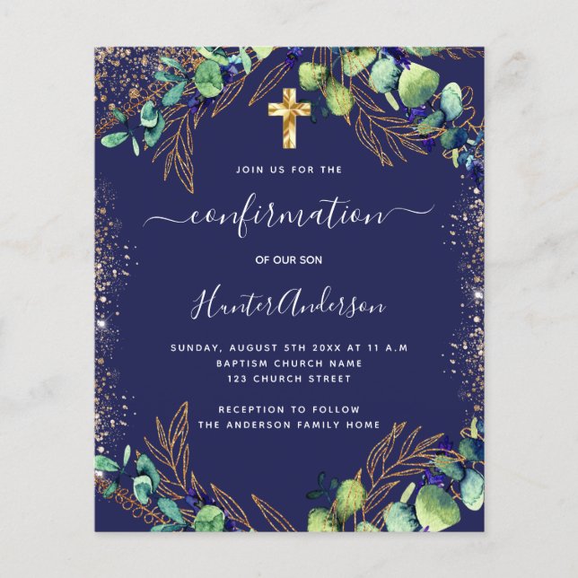 Confirmation eucalyptus greenery blue invitation (Front)