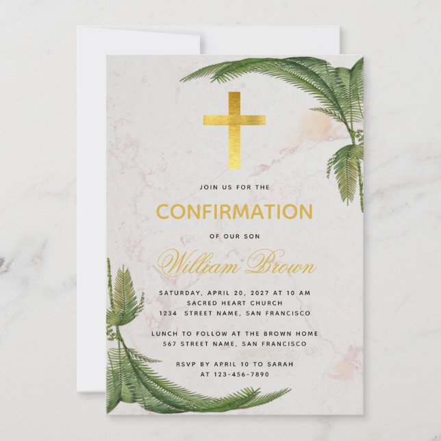 Confirmation Fern Greenery Faux Gold Cross Marble Invitation (Front)
