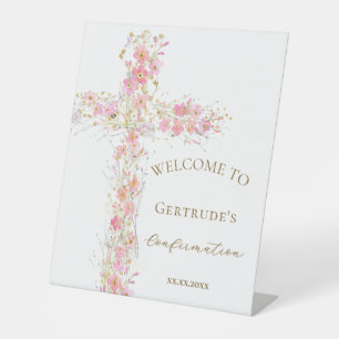 Confirmation fleurs roses croix panneau de bienven