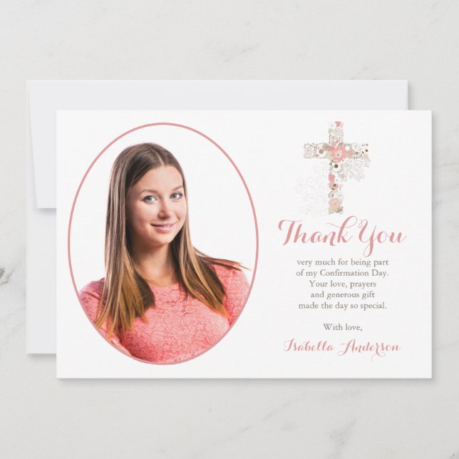 Confirmation Floral Cross Custom Girl Photo Thank  Thank You Card (Front)