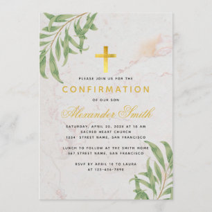 Confirmation Foliage Marble Gold Willow Leaves Invitation