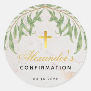 Confirmation Foliage Marble Script Faux Gold Cross Classic Round Sticker