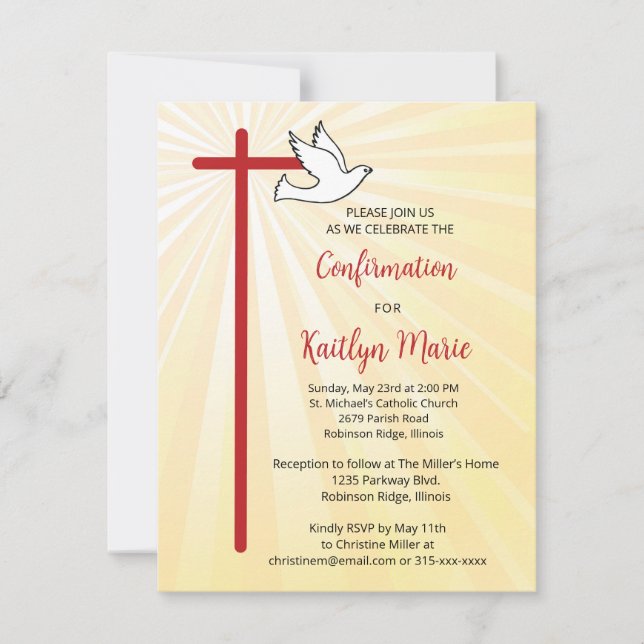 Confirmation for a Girls Cross Dove Gold Rays Invitation (Front)