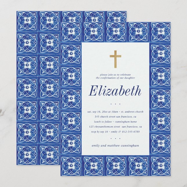 Confirmation For Her Blue Mediterranean Tiles Invitation (Front/Back)