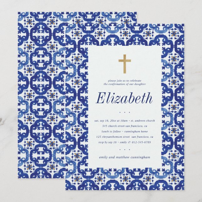 Confirmation For Her Blue Mediterranean Tiles Invitation (Front/Back)