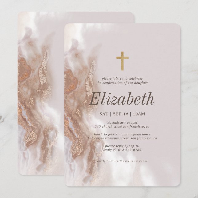 Confirmation For Her Gold Watercolor Cross Invitation (Front/Back)