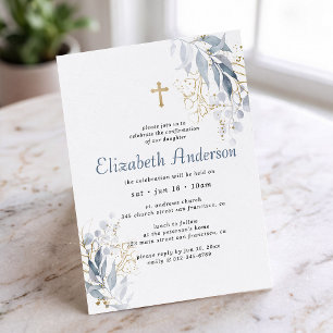 Confirmation For Her Modern Foliage Gold Cross Invitation
