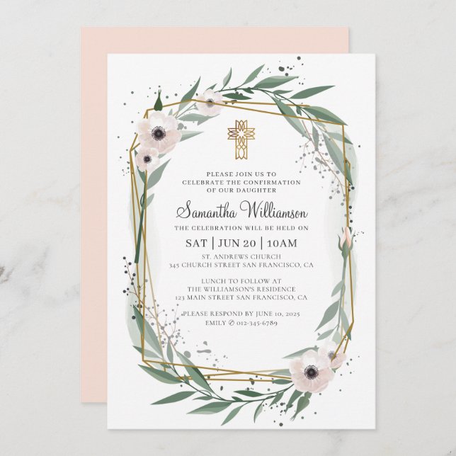 Confirmation For Her Modern Geometric Floral Cross Invitation (Front/Back)
