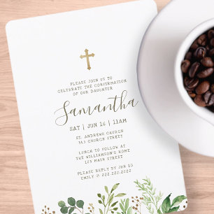 Confirmation For Her Watercolor Foliage Cross Invitation