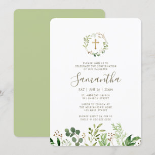 Confirmation For Her Watercolor Foliage Gold Cross Invitation