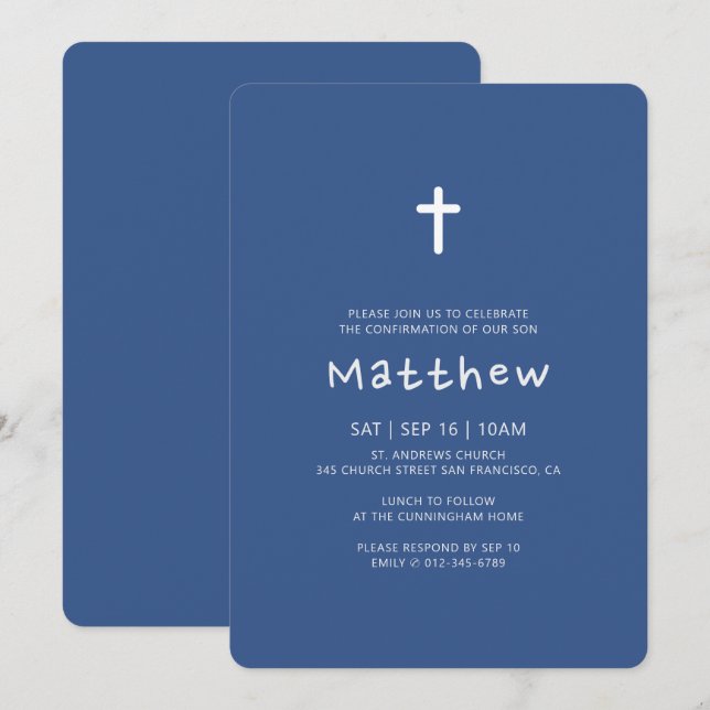 Confirmation For Him | Modern Cross Classic Blue Invitation (Front/Back)