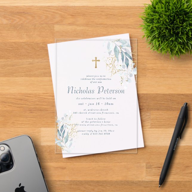 Confirmation For Him Modern Foliage Gold Cross Acrylic Invitations (Insitu (Invitation Card))