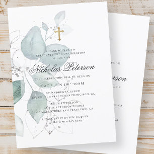 Confirmation For Him   Modern Foliage Gold Cross Invitation