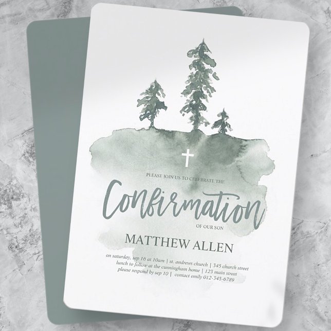 Confirmation For Him | Watercolor Pine Trees Invitation (Creator Uploaded)