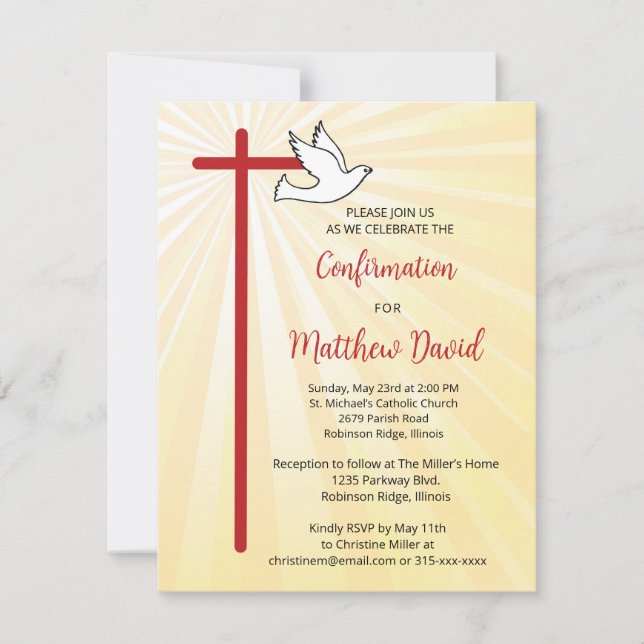 Confirmation for Male Cross Dove Gold Rays Invitation (Front)