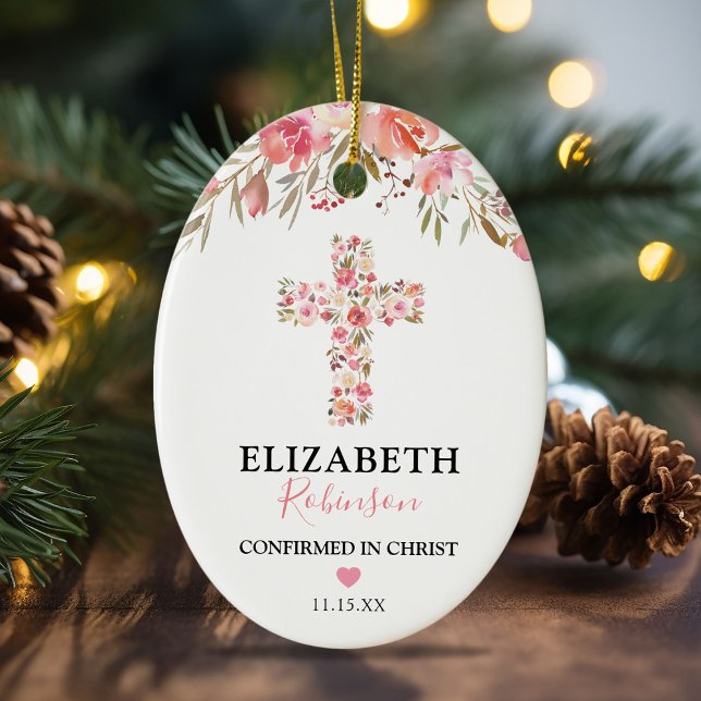 Confirmation Gift | Pink Floral Cross Ceramic Ornament (Creator Uploaded)