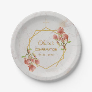 Confirmation Girl Marble Pink Magnolia Geometric Paper Plate