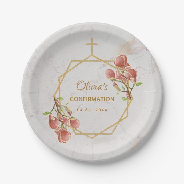 Confirmation Girl Marble Pink Magnolia Geometric Paper Plate (Front)