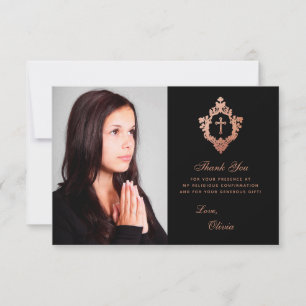 Confirmation Girl Photo Elegant Black Pink Crest Thank You Card