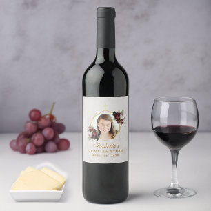 Confirmation Girl Photo Floral Burgundy Peonies Wi Wine Label