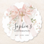 Confirmation Girl Pink Bow Roses Custom Paper Coaster<br><div class="desc">Beautiful blush pink bow with roses decorates this elegant Confirmation round paper coaster with a scalloped edge</div>