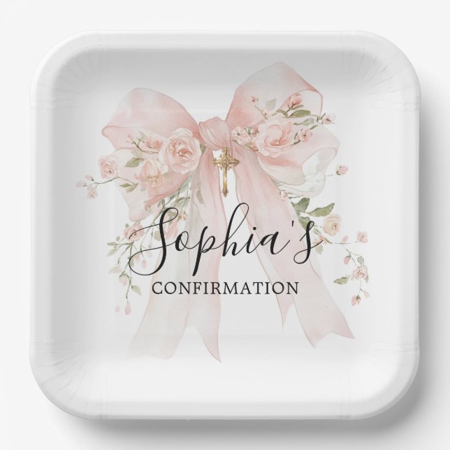 Confirmation Girl Pink Bow Roses Paper Plate (Front)