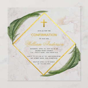 Confirmation Greenery Fern Leaves Faux Gold Marble Invitation