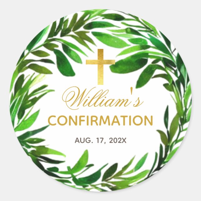 Confirmation Greenery Wreath Botanical Watercolor Classic Round Sticker (Front)
