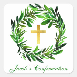 Confirmation Greenery Wreath Religious Gold Cross Square Sticker