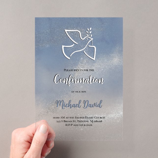 Confirmation grey blue marble acrylic invitations (Insitu (Handheld))