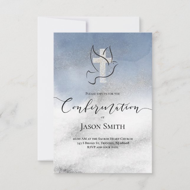 Confirmation | grey blue marble design invitation (Front)