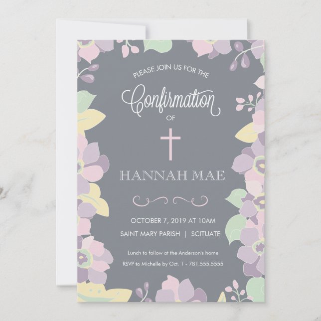 Confirmation Invitation Card with Flowers & Cross (Front)