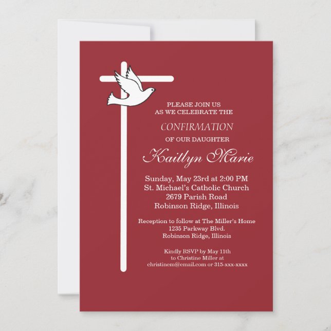 Confirmation Invitation White Cross & Dove on Red (Front)