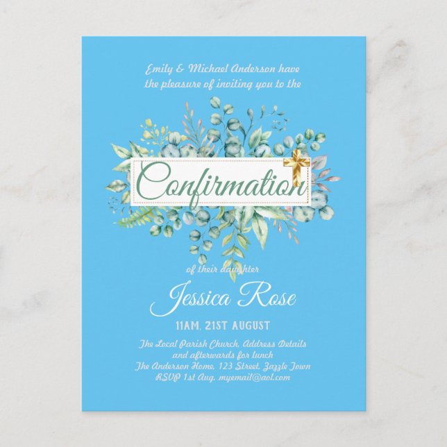 Confirmation Invitations Eucalyptus Greenery Budge (Front)