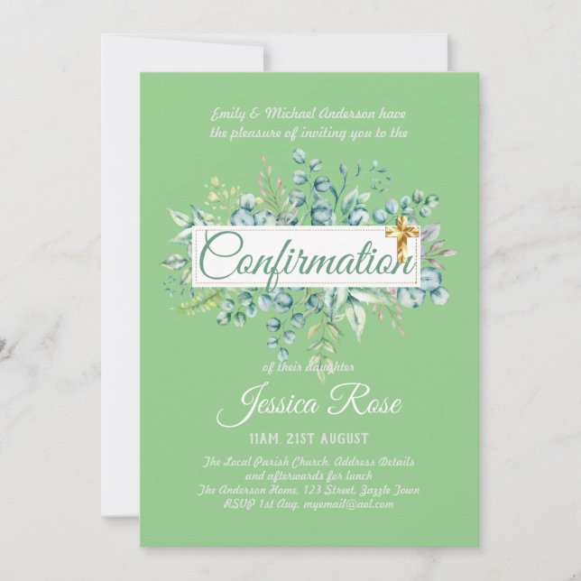 Confirmation Invitations Eucalyptus Greenery Budge (Front)
