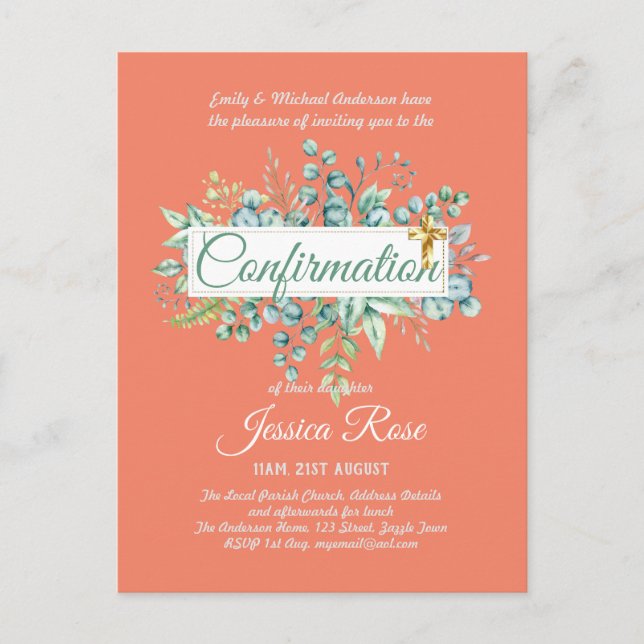 Confirmation Invitations Eucalyptus Greenery Budge (Front)