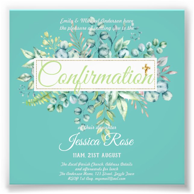 Confirmation Invitations Eucalyptus Greenery Budge Photo Print (Front)