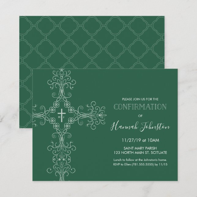 Confirmation Invite, Cross, Monogram; Boy or Girl Invitation (Front/Back)