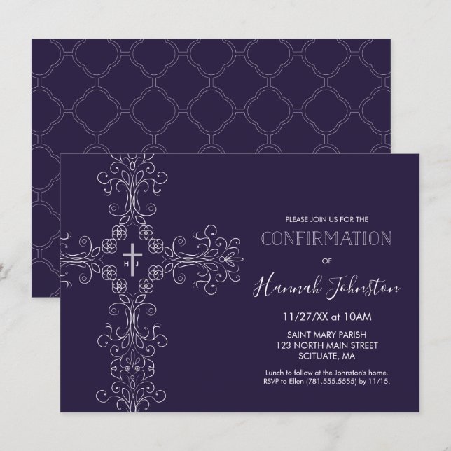 Confirmation Invite, Cross, Monogram; Boy or Girl  Invitation (Front/Back)