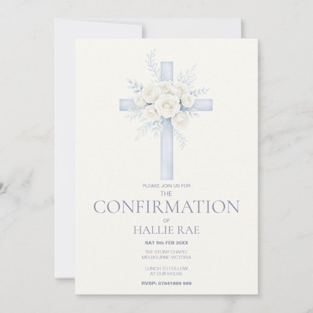 Confirmation Invite, Modern Blue Floral Cross Invitation (Front)