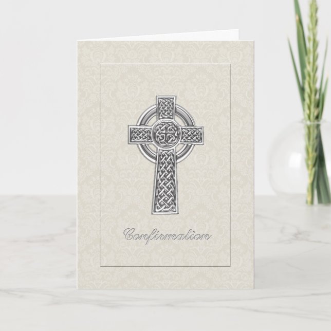 Confirmation Ivory Damask with Silver  Cross Invitation (Front)
