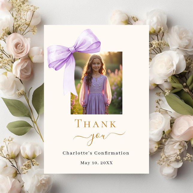Confirmation lavender bow photo cream thank you card (Creator Uploaded)
