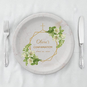 Confirmation Marble White Lilies Gold Cross Floral Paper Plate