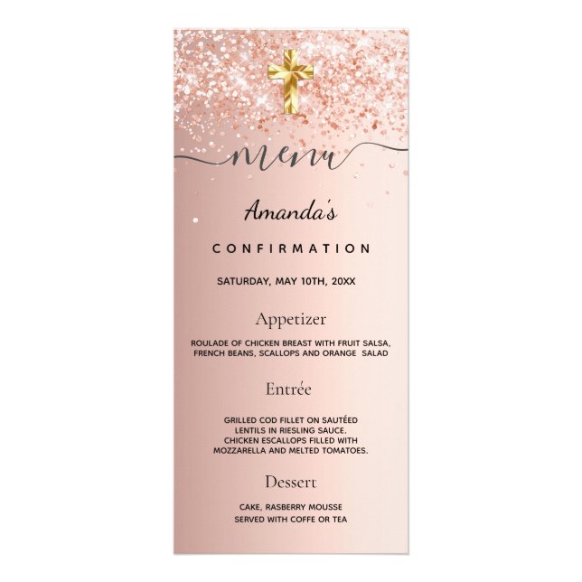 Confirmation Menu blush rose gold glitter dust (Front)