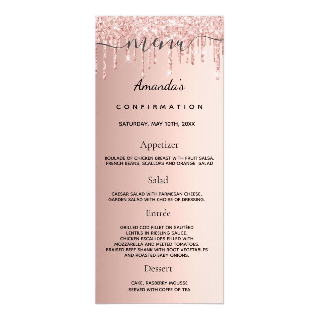 Confirmation Menu rose gold glitter photo fun fact (Front)