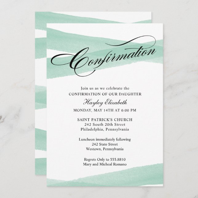 Confirmation, Mint Green Watercolor Invitation (Front/Back)
