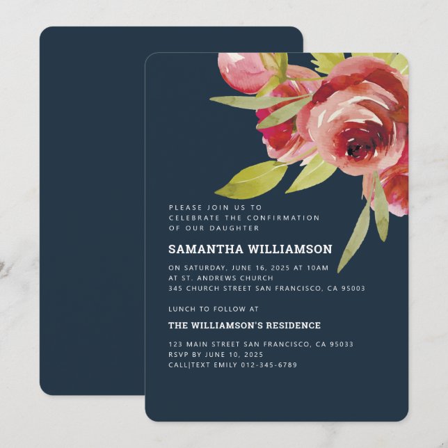 Confirmation Modern Watercolor Floral Invitation (Front/Back)