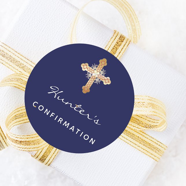 Confirmation navy blue boy cross name classic round sticker (Creator Uploaded)