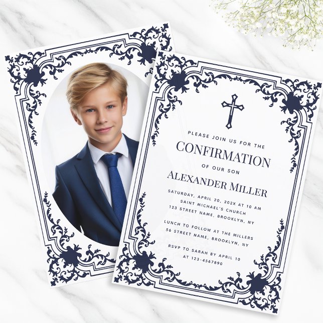 Confirmation Navy Blue Boy Photo Vintage Elegant Invitation (Creator Uploaded)