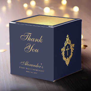Confirmation Navy Blue Crest Thank You Faux Gold  Favor Box